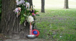 Une croix blanche a été placée sur les lieux pour commémorer Leia, le doberman de quatre ans. (Photo JDV – François-Alexis Favreau)