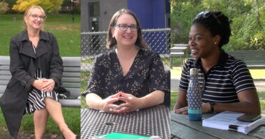 Les trois candidates à la mairie d'Ahuntsic-Cartierville, Chantal Huot (à gauche), Émilie Thuillier (au centre) et Kassandre Chéry Théodat (à droite). (photomontage JDV)