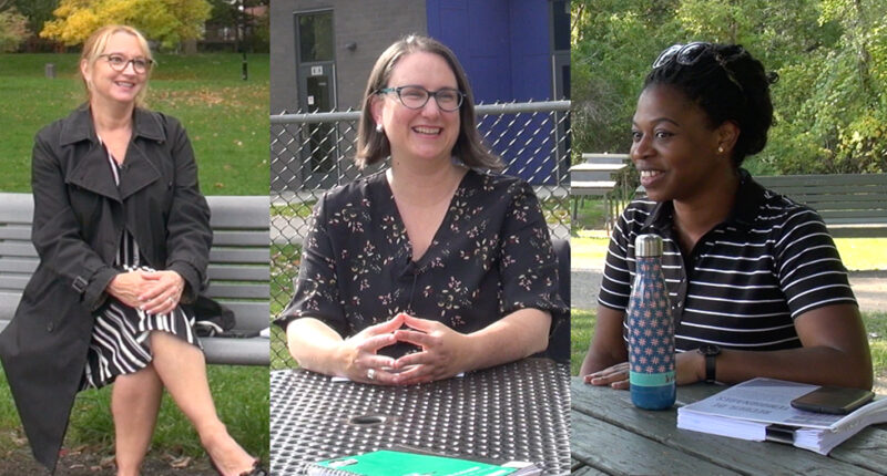 Les trois candidates à la mairie d'Ahuntsic-Cartierville, Chantal Huot (à gauche), Émilie Thuillier (au centre) et Kassandre Chéry Théodat (à droite). (photomontage JDV)