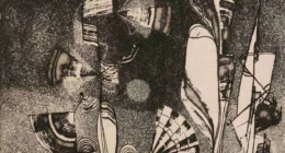 Une gravure à l'eau forte d'Albert Dumouchel réalisée en 1958, intitulée Les oriflammes de la nuit. Technique à l'eau-forte.