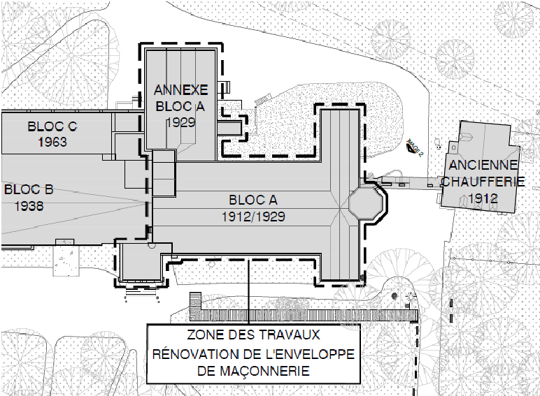 La zone des travaux à l'École Sophie-Barat est délimitée au bloc A