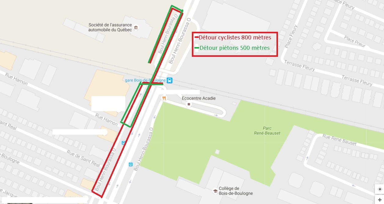 Calcul des économies en distance pour les piétons et cyclistes si le passage à niveau était disponible pour les usagers venant de l'Ouest. (Infographie Google Maps et Philippe Rachiele)