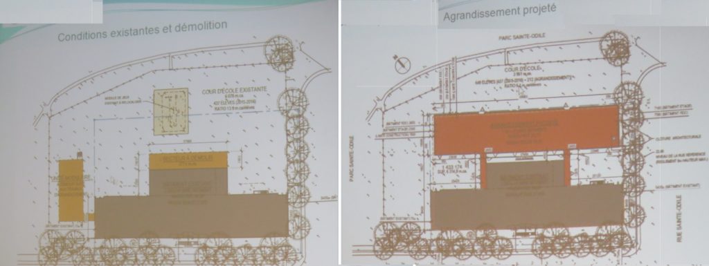 Photo à g. du plan de l'école Sainte-Odile telle qu'elle est présentement; à dr. future bâtisse de l'école. Ces photos ont été prises au moment de la présentation sur Power Point, sur écran, à la consultation publique. (Photos: jdv P. Rachiele)