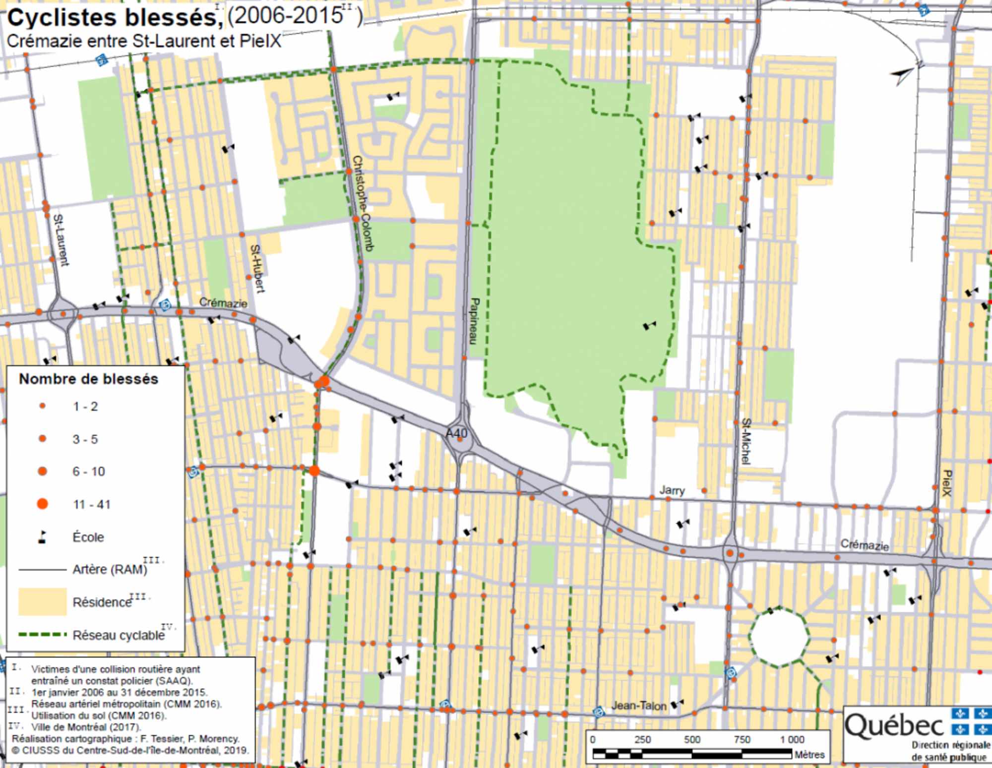 Carte des cyclistes blessés de 2006 à 2015 (Source : François Tessier, DSP)