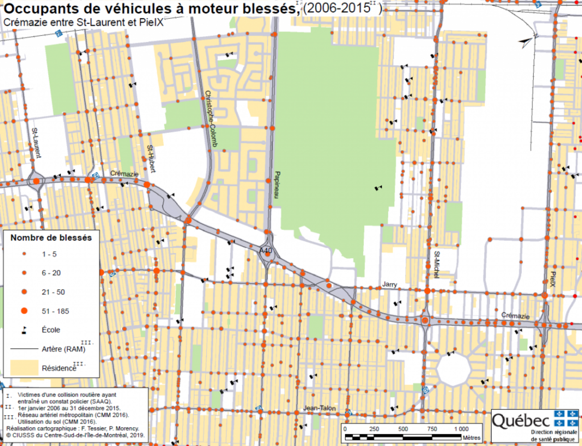 Carte des occupants d'un véhicule moteur blessés de 2006 à 2015 (Source : François Tessier, DSP)
