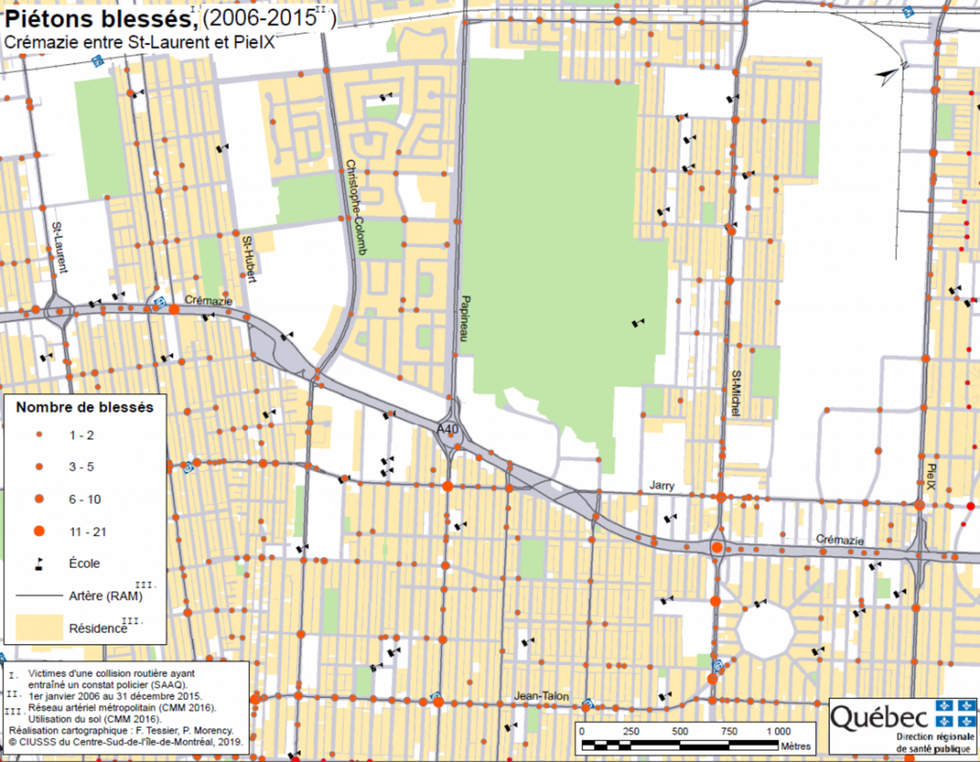 Carte des piétons blessés de 2006 à 2015 (Source : François Tessier, DSP)