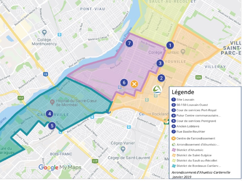 Emplacements évalués pour un marché public d'Ahuntsic-Cartierville (Source : Arrondissement)