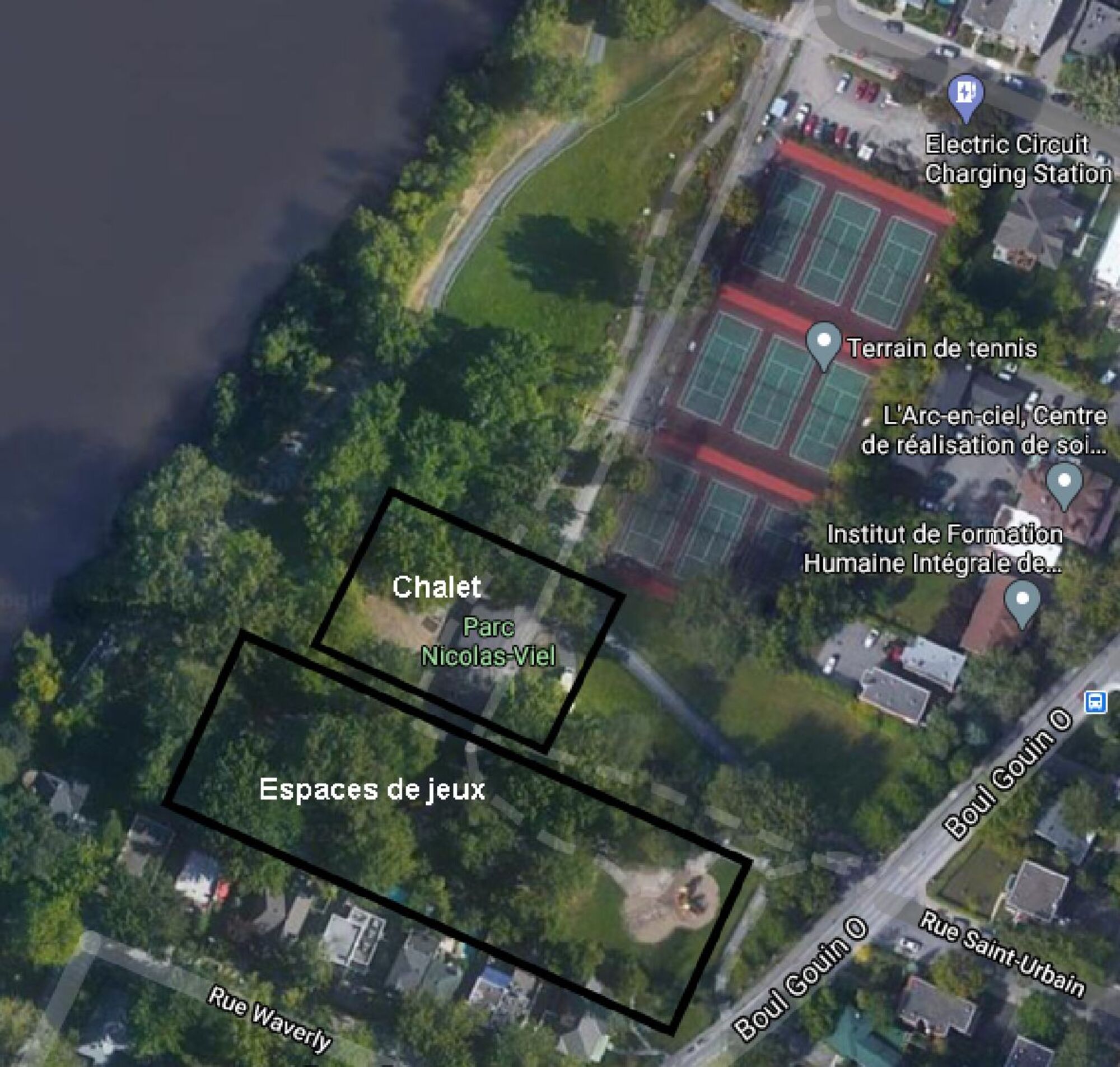 Localisation des aires de jeu et du chalet dans le parc Nicolas-Viel (Source : Google Maps)