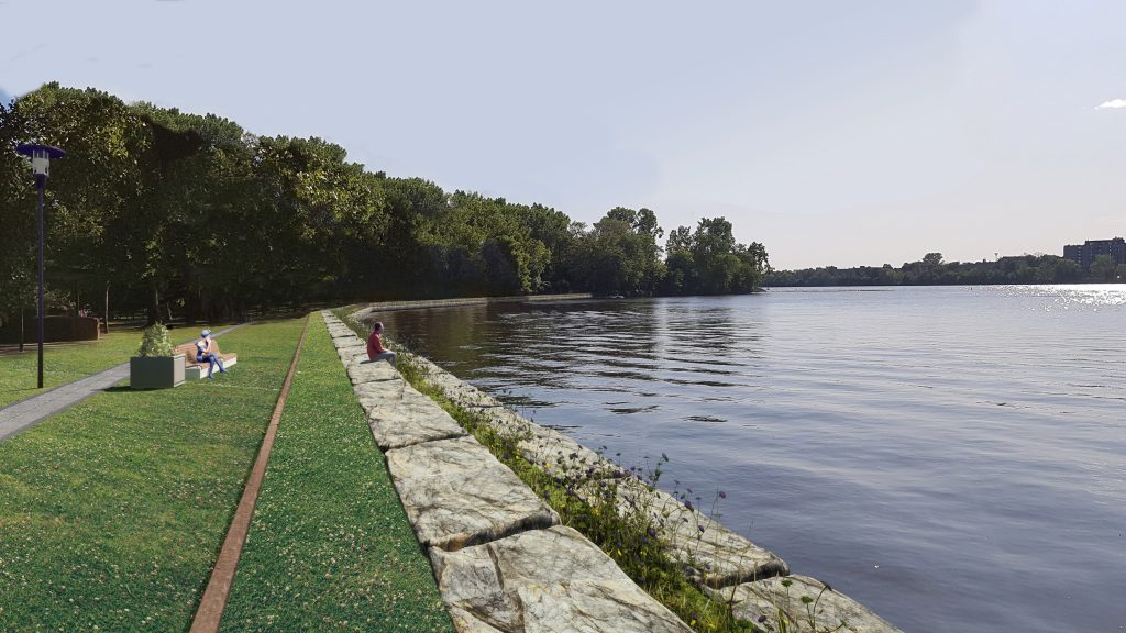 Nouvel aspect du parc Louis-Hébert avec l'enrochement en paliers envisagé par Hydro-Québec.