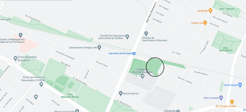 Carte illustrant la situation géographique du boisé de l'écocentre Acadie